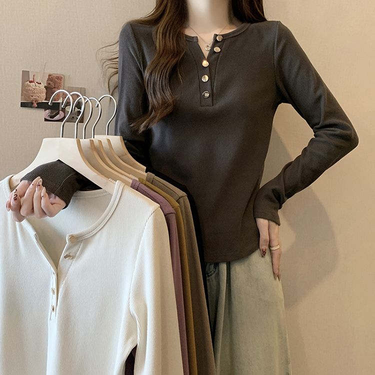 Herbst und Winter Reine Baumwolle Schulter Langarm T-Shirt V-Ausschnitt Vielseitiges Damenoberteil