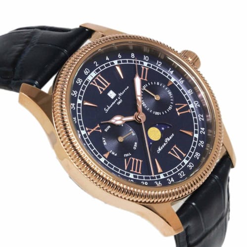 Salvatore Marra Men's Limited Edition Moon Phase Multi-Calendar Watch with 5 ATM Water Resistance, Leather Strap, Pink Gold and Blue SM24110-PGBL