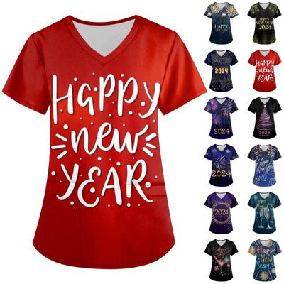 Damenmode 2024 Neujahr Bedruckte Kurzarm-Oberteile mit V-Ausschnitt und Mustertasche Arbeits-T-Shirts