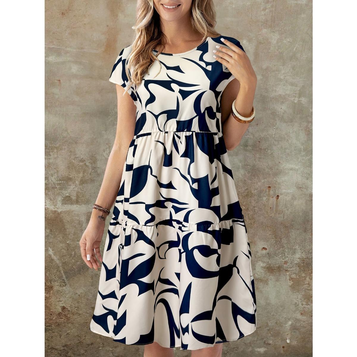 

New Women s Casual Floral Print Dress, Fashion Versatile European American Style for Daily Wear S тёмно-синий