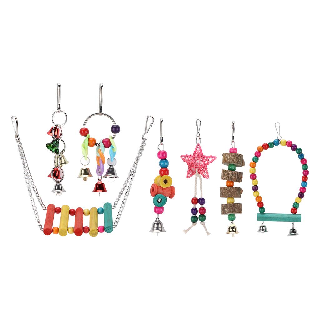7 Stück Vogelspielzeug Set Vogekäfig Schaukel Kauspielzeug Glockenring Spielzeug Set Papagei Hängespielzeug Set