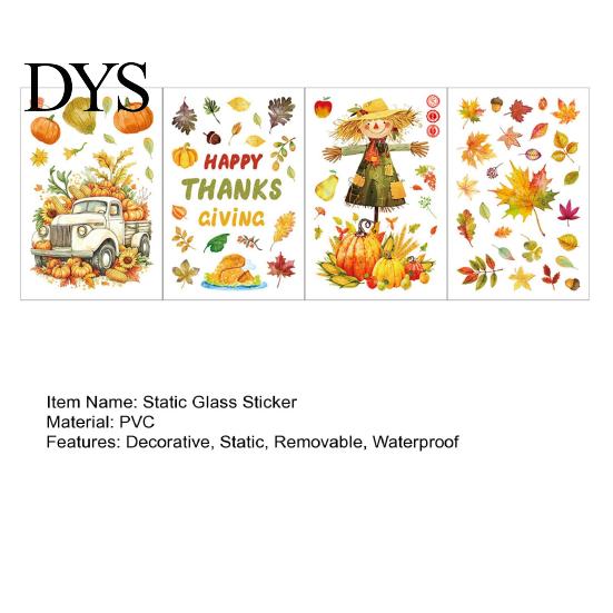 Holiday Party Supplies 4 Sheets Autumn Harvest Static Window Stickers, Maple Leaves Pumpkins Scarecrow Pickup Truck Reusable Glass Stickers