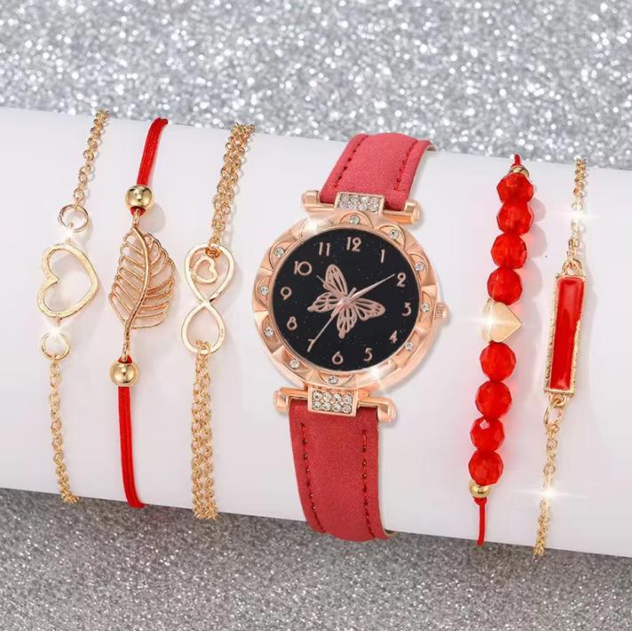 New Ladies Diamond Dial Belt Quartz Watch Beaded Bracelet Set 6Pcsset Chronograph Watch