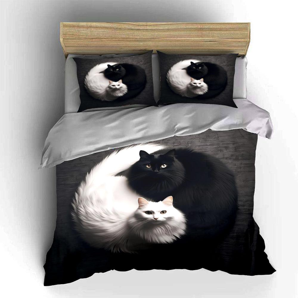 Black and White Cat Decor Soft Skin-Friendly Bedding Set Includes 1 Duvet Cover And 2 Pillowcase Gift