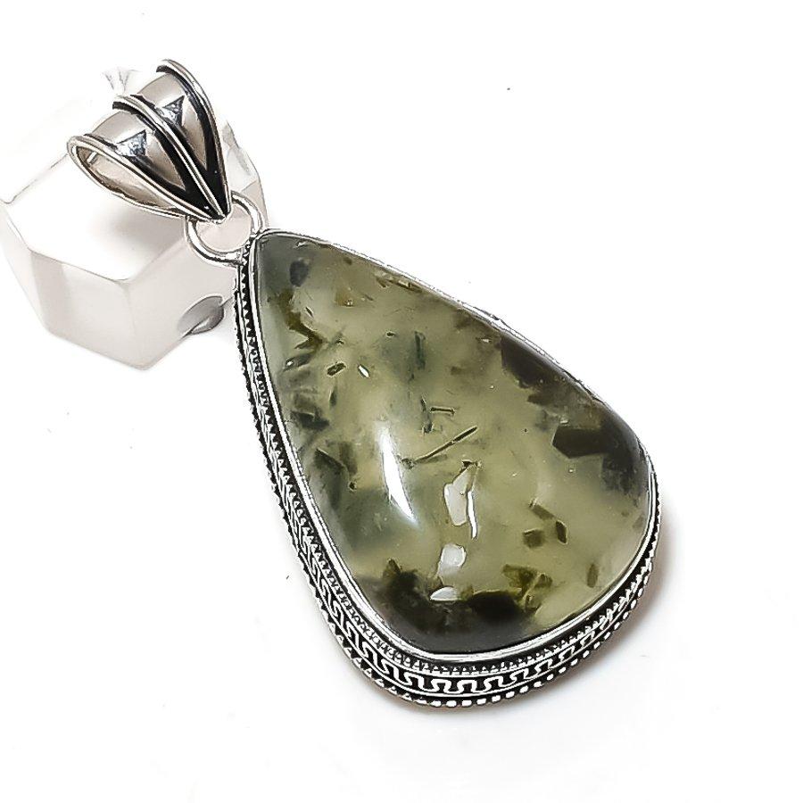 Prehnite Gemstone Handmade 925 Sterling Silver Jewelry Pendant 2.25" e3I87