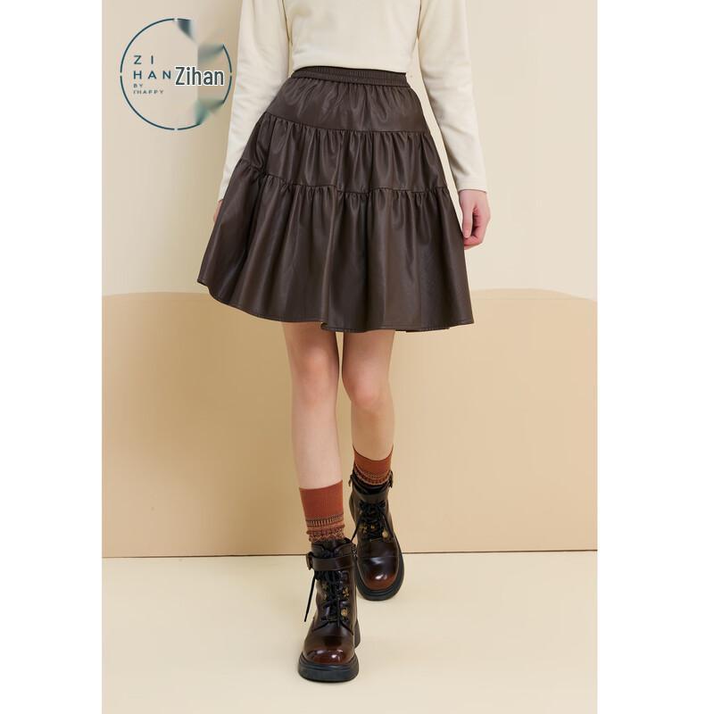 ZIHAN Women's Retro Brown PU Leather High-Waist Pleated Mini Skirt