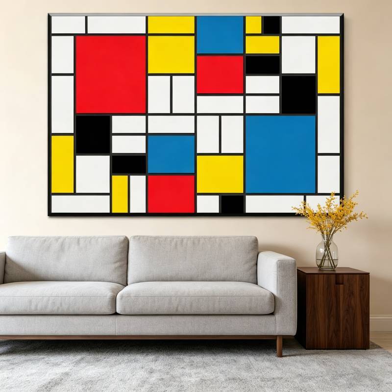 Red Yellow Blue Abstract Grid Artwork For Living Room Decor