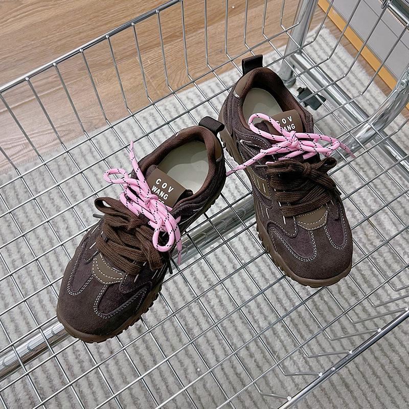 Leather Platform Women's Autumn New Color Matching Double Shoelaces Sports Dad Shoes Casual Women