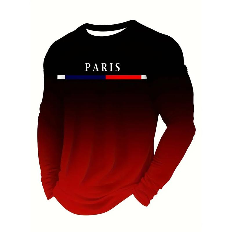 Text Paris France Solid Casual Long Sleeve T-shirt For Men Clothing Sport Fitness Breathable Loose T Shirts Print Gradient Tee