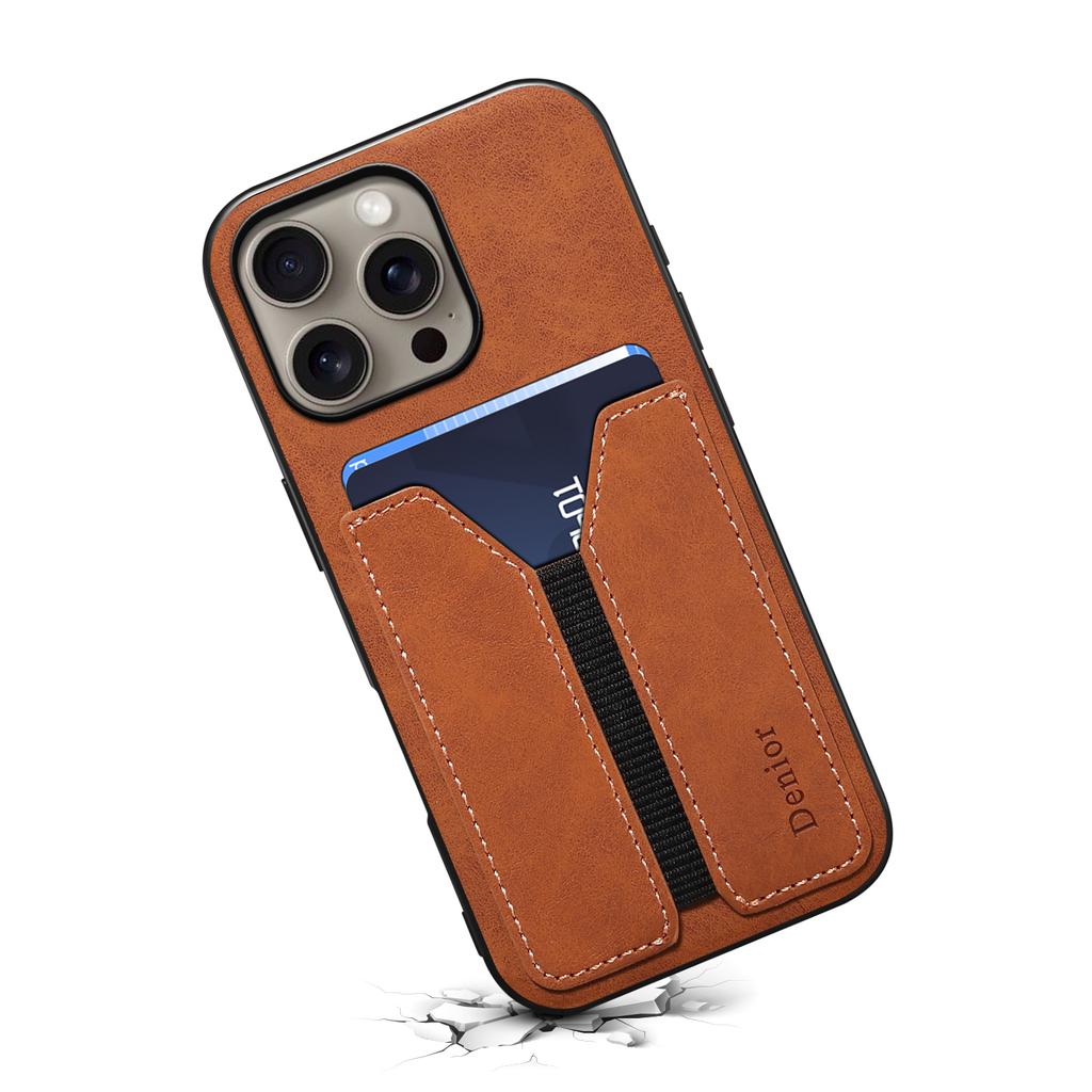 DENIOR For iPhone 16 Pro Case Elastic Card Holder PU Leather+TPU+PC Phone Cover
