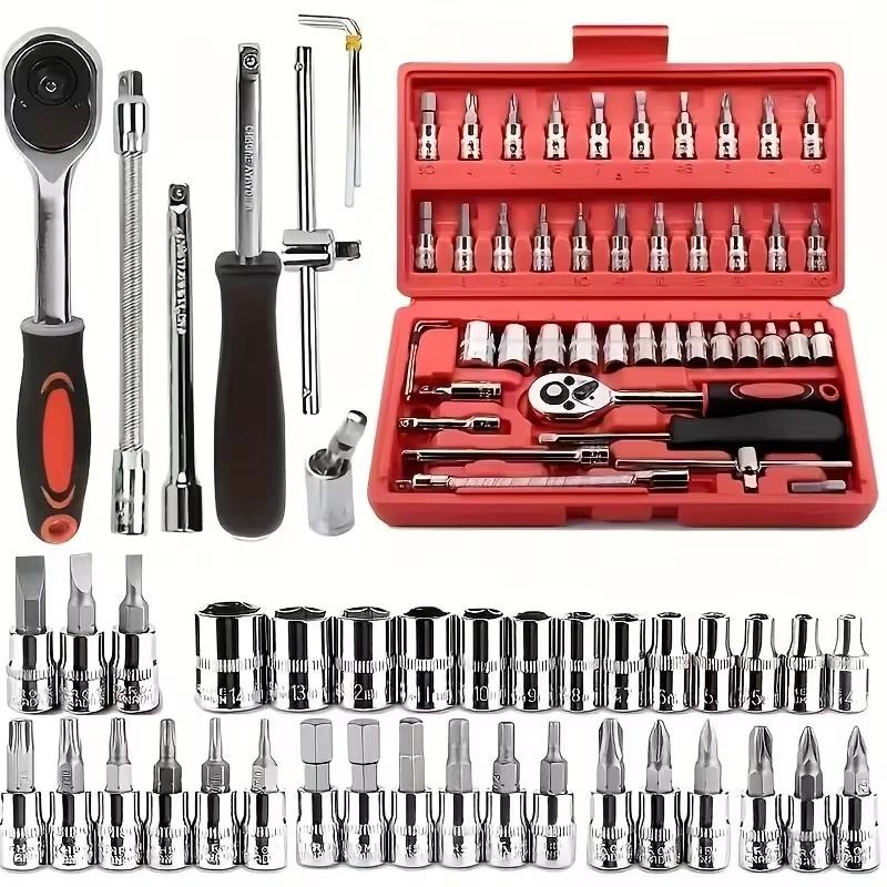 46Pcs 1/4-Inch Drive Ratchet Wrench Metric Socket Wrench Set Portable Auto Mechanical Repair Tools Motorcycle Accessories