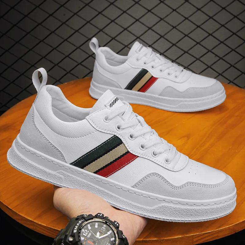 Brand New Men Genuine Leather Casual Shoes Spring Autumn High End Striped Flat Skate Shoes Young Man Cool Lace-up Sneakers