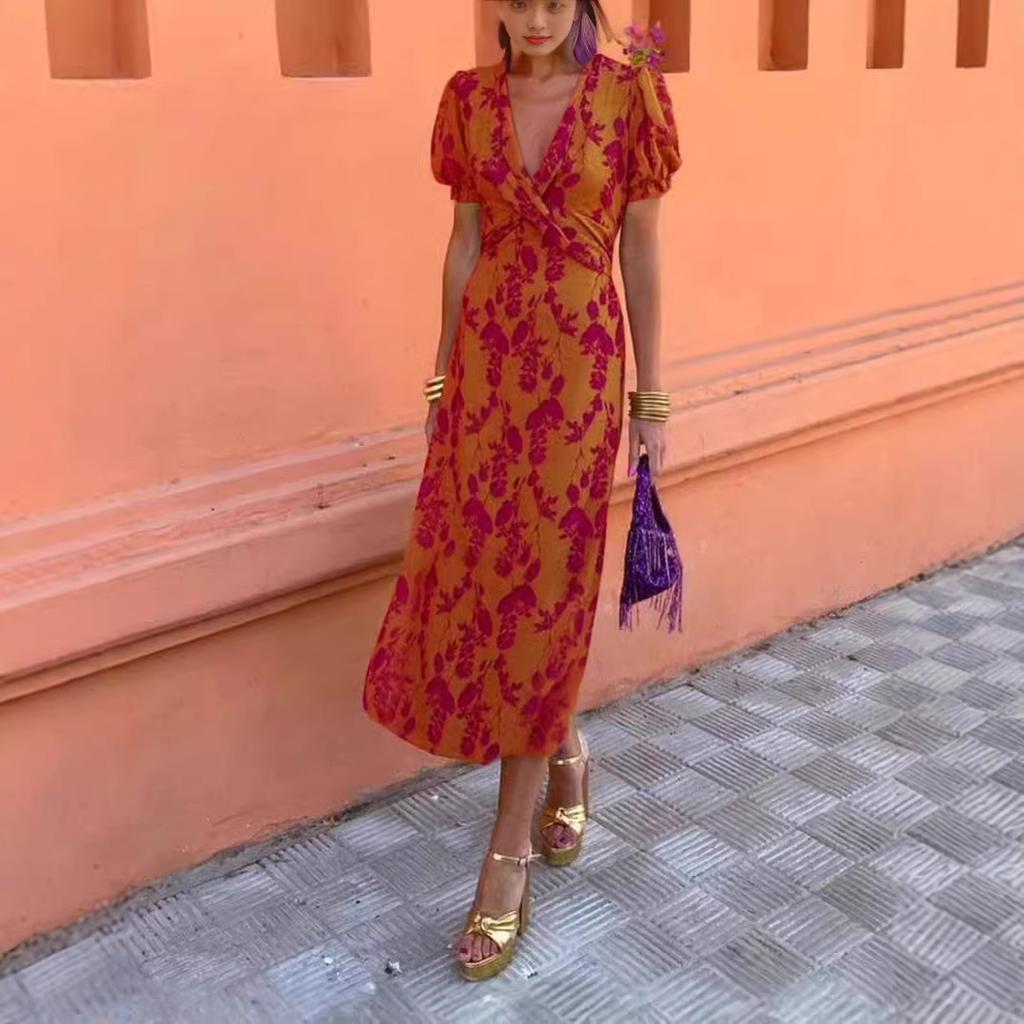 European and American women's clothing fashion pleated printed long dress elegant slim V-neck short-sleeved dress
