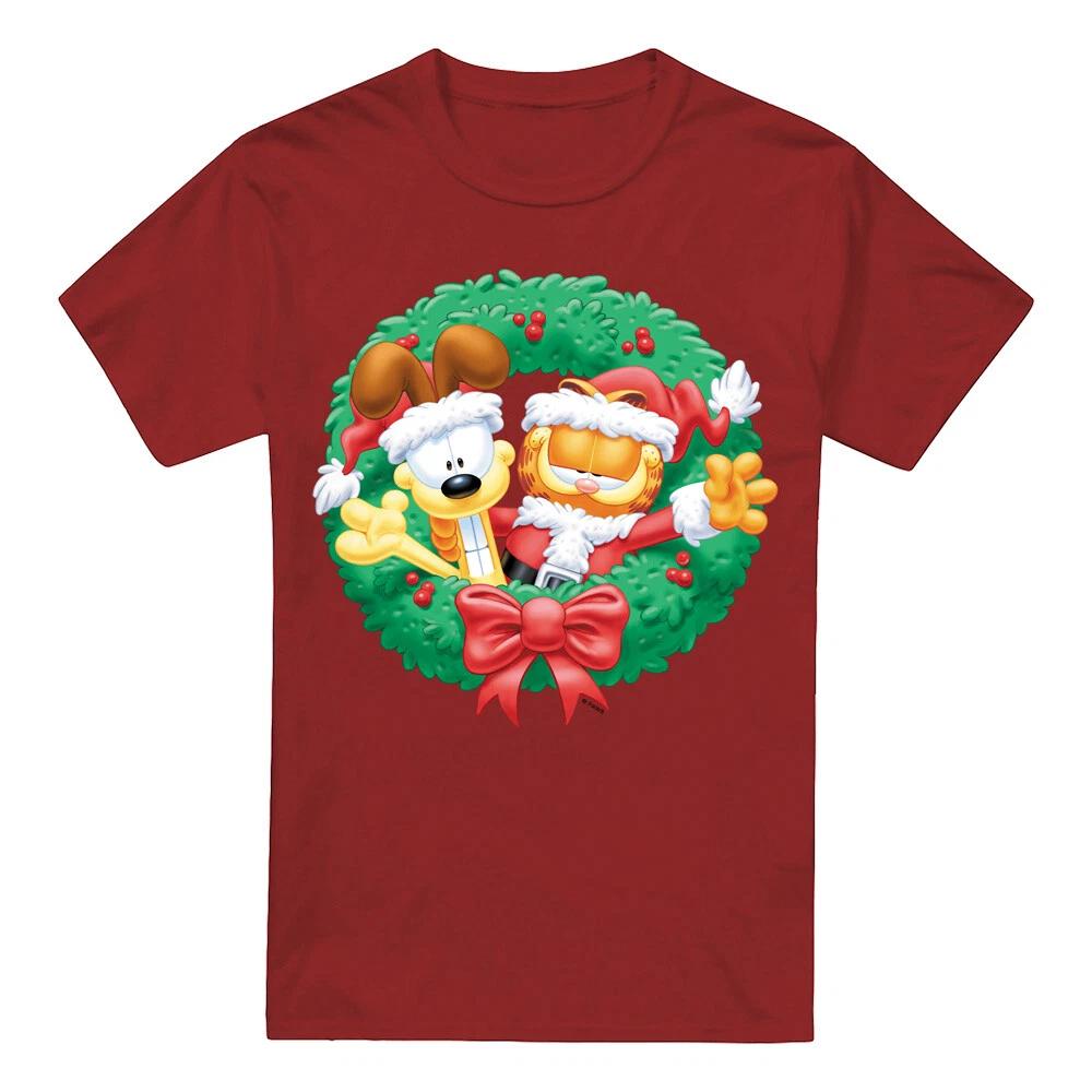 Garfield Christmas Wreath T-Shirt S-2XL, Cardinal