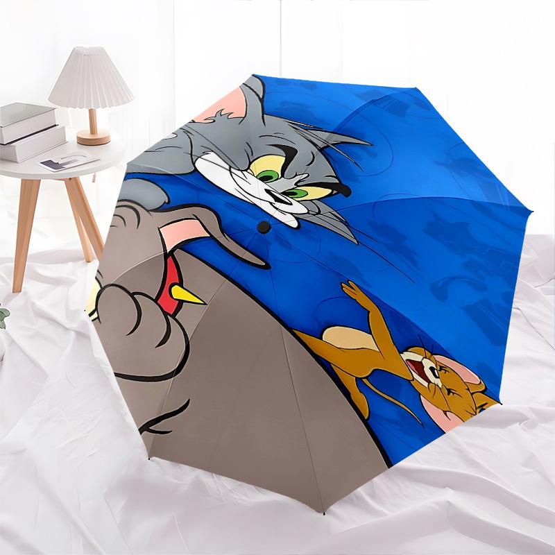 1pc Tom and Jerry Automatic Folding Umbrella - Compact 8-Rib Design, Durable Plastic & Iron1369L