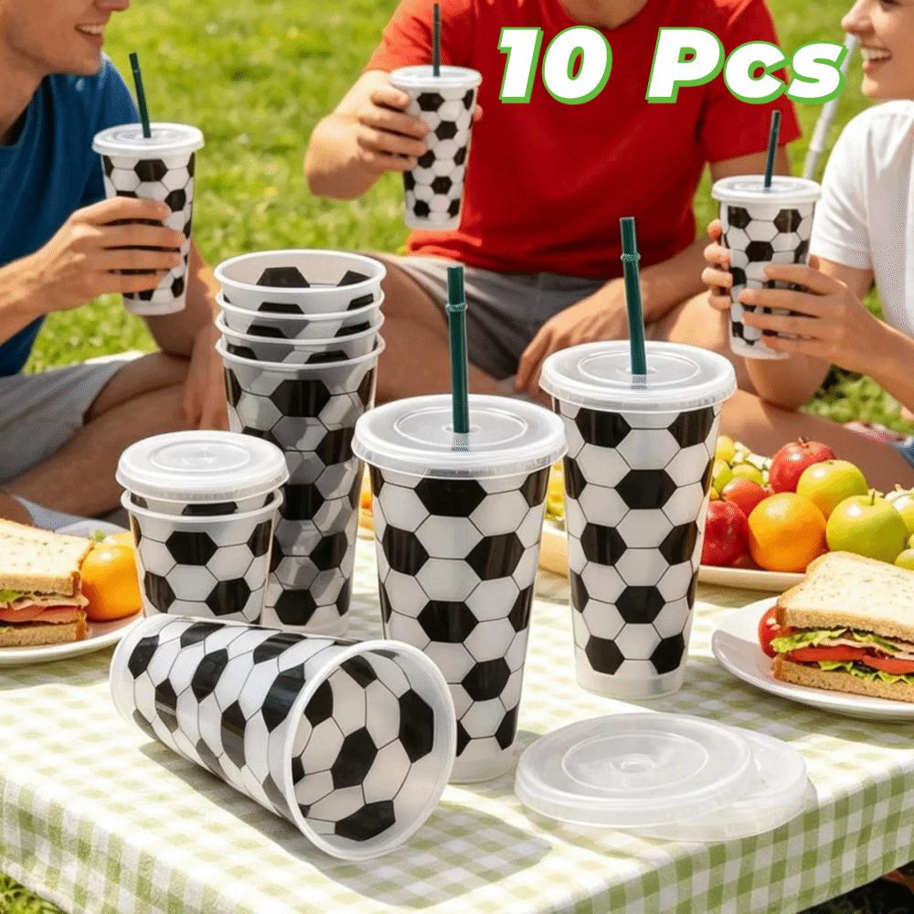 10PCS Large Capacity Soccer Pattern Straw Cups Reusable Soccer Themed Tumbler Milk Tea Cup Boys