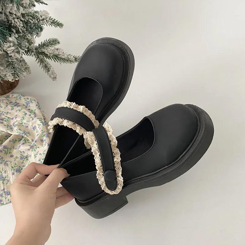Women Heels Sweet Lace Trim Round-toe Pumps Hook & Loop Buckle Straps Mary Jane Shoes Fashion Platform Wide Heel Lolita Shoes