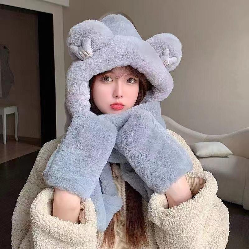 

Женский зимний комплект с капюшоном, шапка-медведь и шарф - Утепленный, теплый и милый меховой дизайн