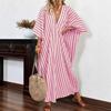Women's Fashionable Loose Casual V-neck Striped Long Resort Dress