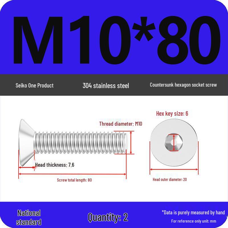 M2-M10 Stainless Steel Flat Head Machine Screws and Bolts Set, Countersunk Hex Socket Cap, 304 Grade.