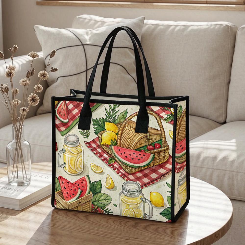 Summer Picnic Pattern Tote Bag Casual Daily Handbag Lightweight Shopping Carry Pouch for Outdoor