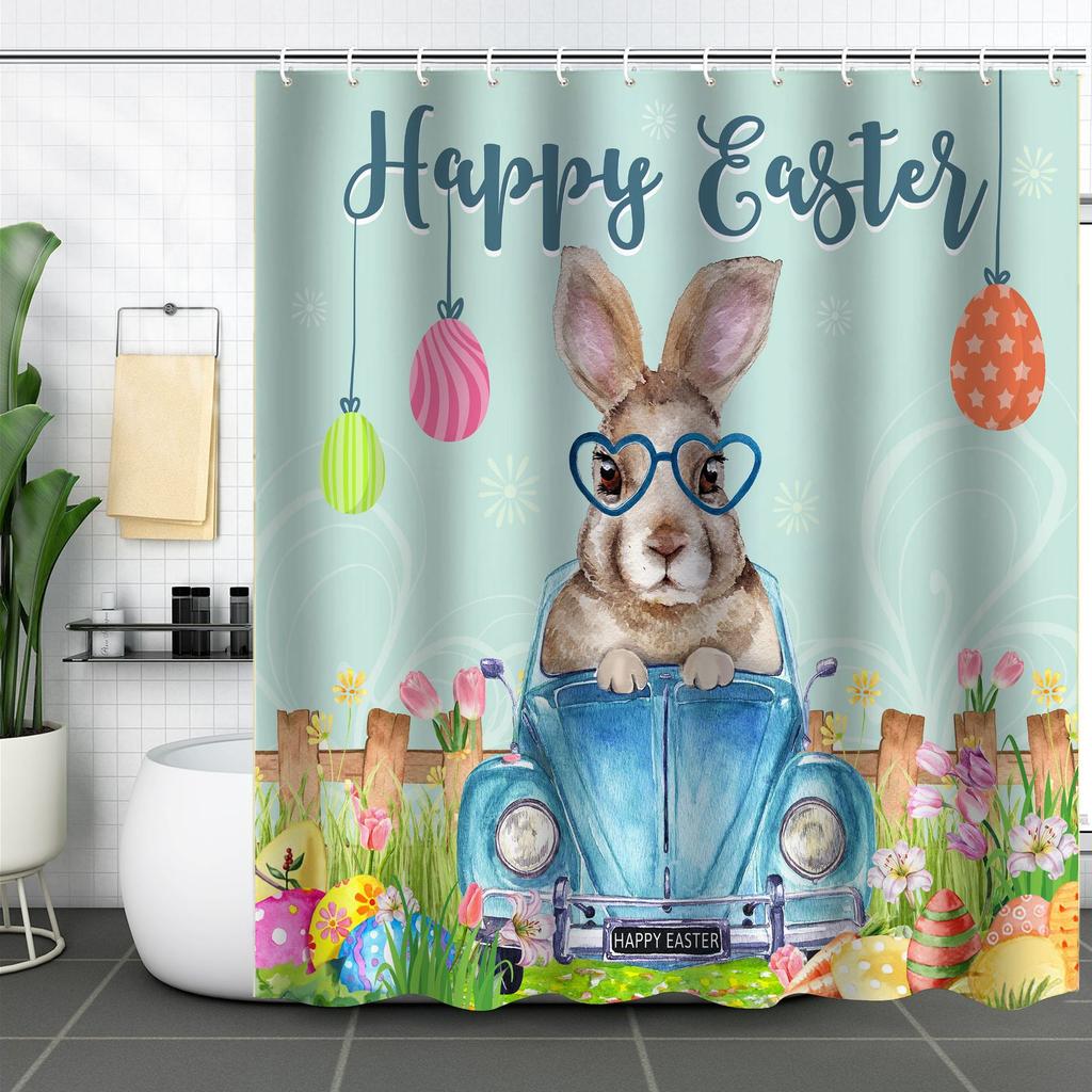 Easter Rabbit Waterproof And Mildew-Proof Polyester Bathroom Shower Curtain Shower Curtain Partition Curtain Free Of Punching