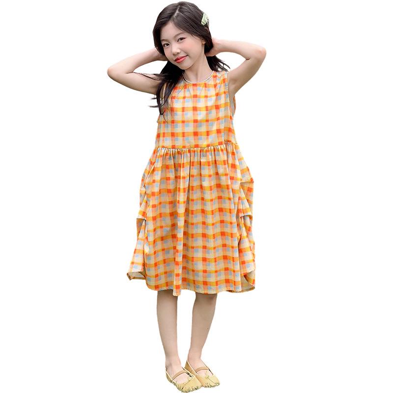 Girls' Summer Plaid Sleeveless Dress: Korean Style Loose Princess Dress for Middle and Older Children