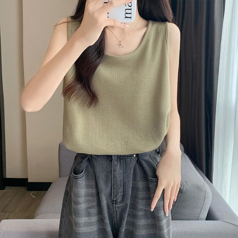 VEZFAA Women's Fashion Casual Summer Spring Solid Color Print Sleeveless U-Neck Blouses & Shirts