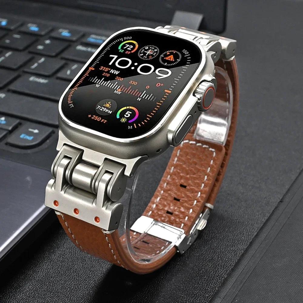 Leather Band for Apple Watch Ultra 3/2 49mm 46mm 45 44mm Luxury Bracelet Titanium Color Strap for iWatch Series 11 10 9 SE Loop