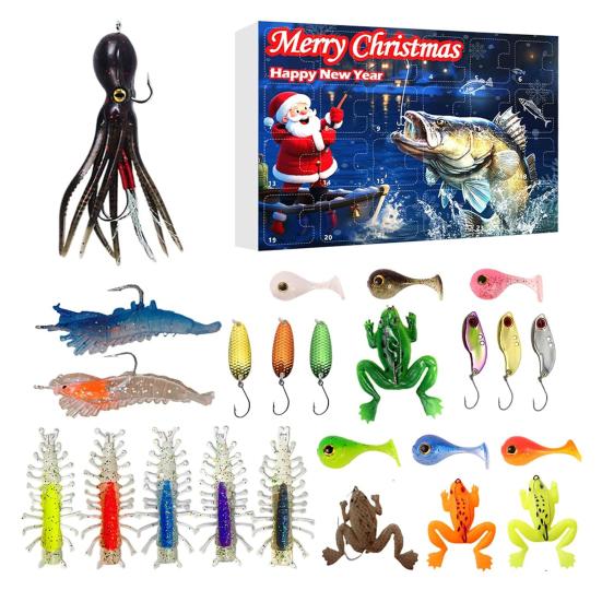 Kalendarz Adwentowy Wędkarski 2025 Kalendarz Odliczający do Świąt Bożego Narodzenia z 24 Przynętami 24 Dni Zestaw Przynęt Wędkarskich dla Mężczyzn Taty Nastolatków Wędkarzy