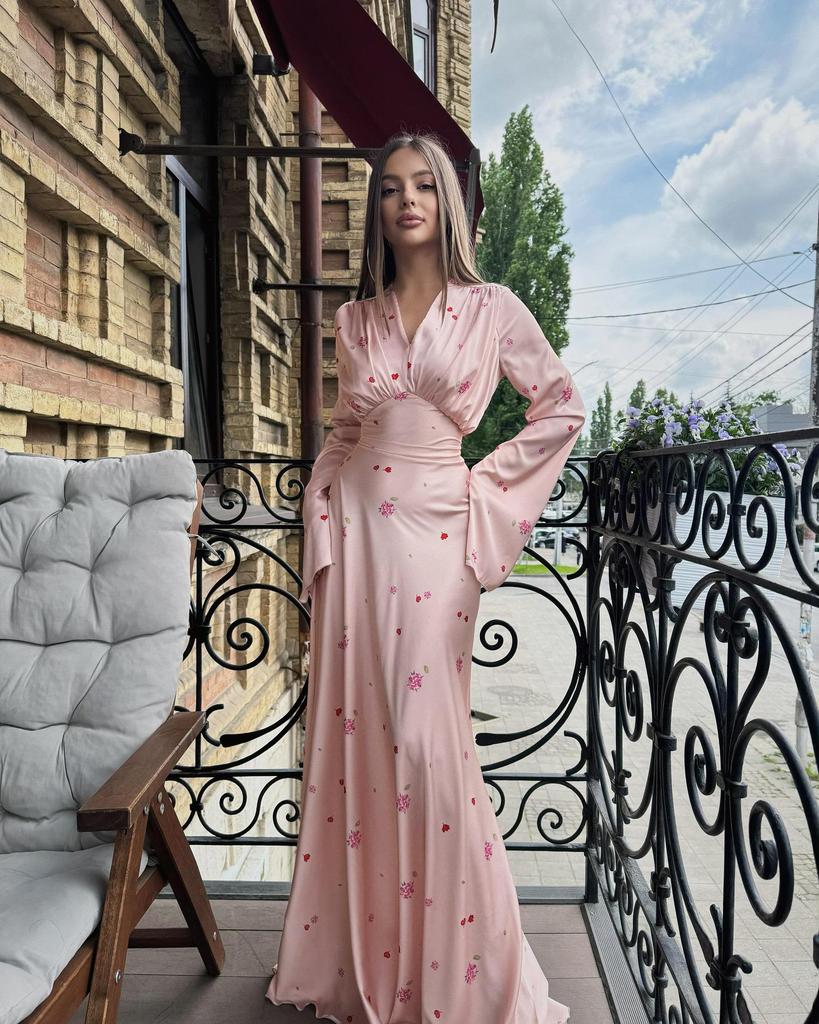 2025 Spring High-End French V-Neck Satin Print Swing Dress