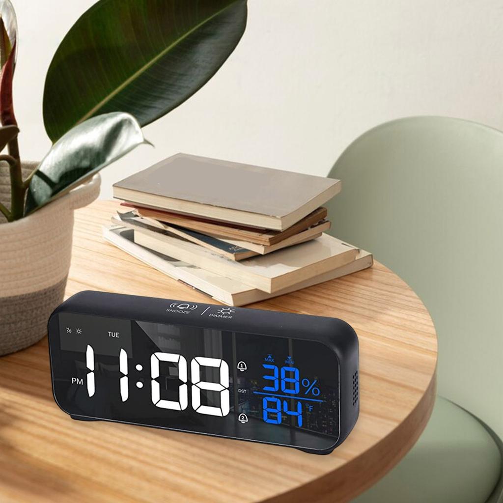 1200mAh USB Rechargeable Desk Clock Voice Controlled Temperature Humidity Display LED Music Alarm Clock for Home Office