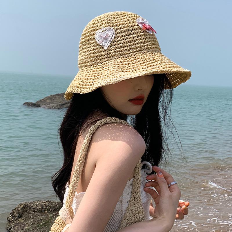 Simple Straw Hat for Girls, Summer Sun Protection Bucket Hat, Foldable Versatile Face Covering Straw Basin Hat