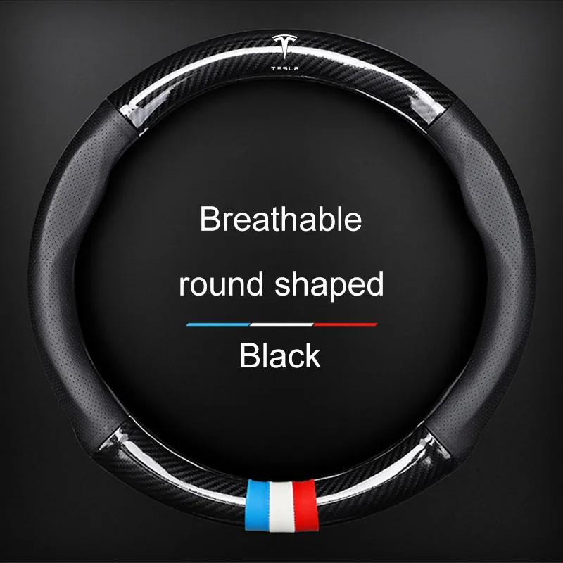 Center Hub Cap Car Steering Wheel Cover Breathable Anti Slip PU Leather Steering Cover for Tesla Model 3 2021 S X Y TM3 TMX TMS