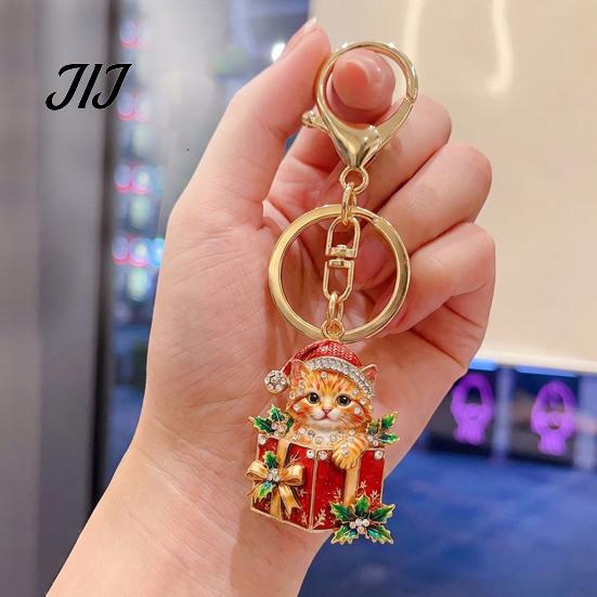 Christmas Cat Keychain Gift Box Keychain, Bling Rhinestone Kitten Keyring Portable Backpack Charm Pendant, Handbag Decorative Accessory for
