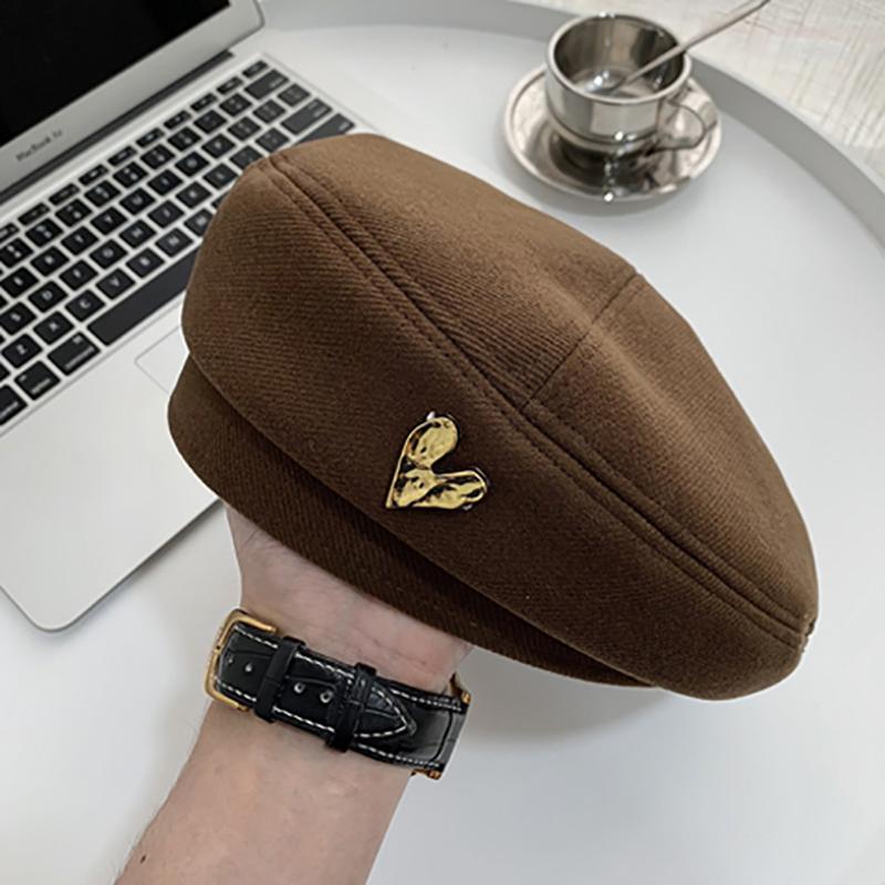 

Korean Style Autumn And Winter Woolen Beret Caps For Women Retro All-Match Love Painter Hats Elegant Solid Beret Hat кавовий