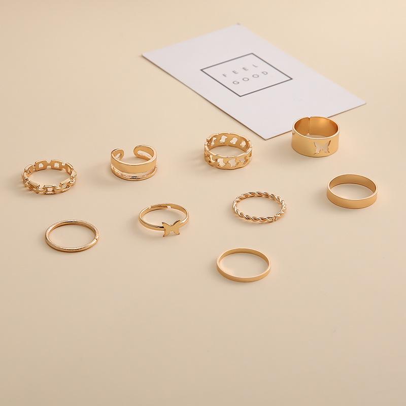 Fashion Hollow Butterfly Joint Ring Chain Open Double Layer 9-Piece Set Ring Women