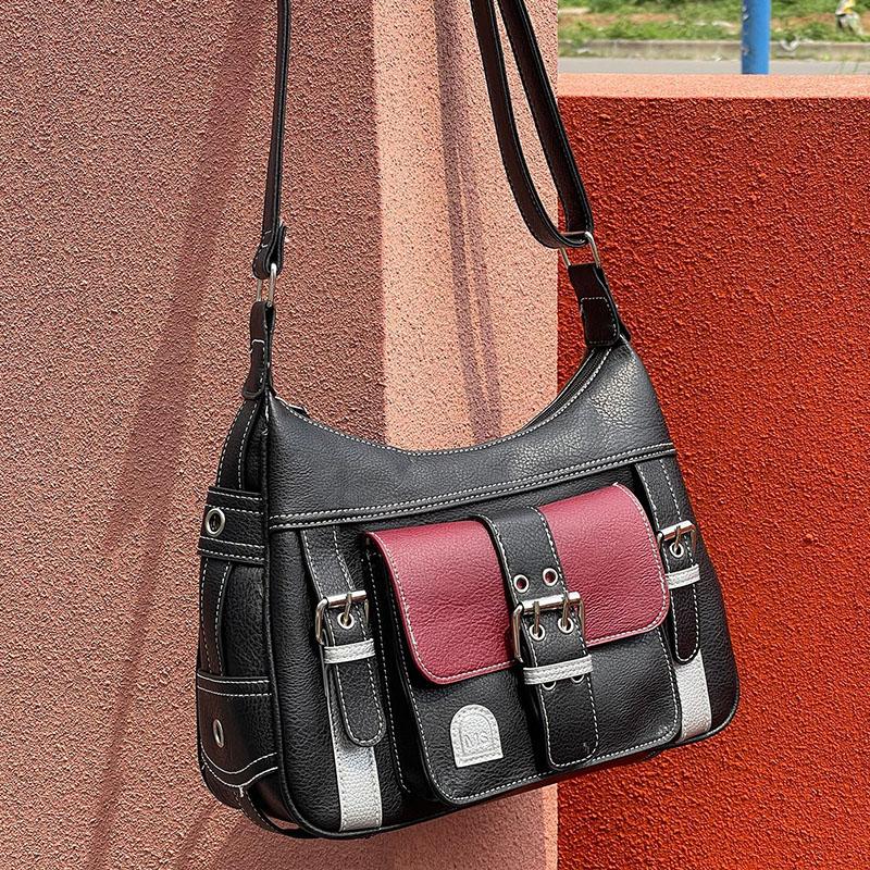 Retro patchworková taška přes rameno pro ženy Měkká kožená crossbody kabelka Cool Girl Messenger Bag Nákupní kabelka