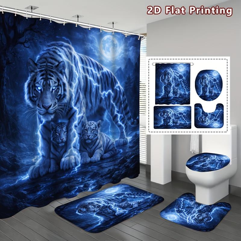 4Pcs Electric Tiger Shower Curtain Set with Non-Slip Bath Mat, Toilet Lid Cover, Contour Rug & 12 Hooks, Bathroom Decor