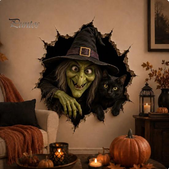 Festive Wall Art for Living Room Halloween Break-in 3D Decals, Illusion Effect Spooky Breaking Through Seasonal Home Accents Sticker, Horror