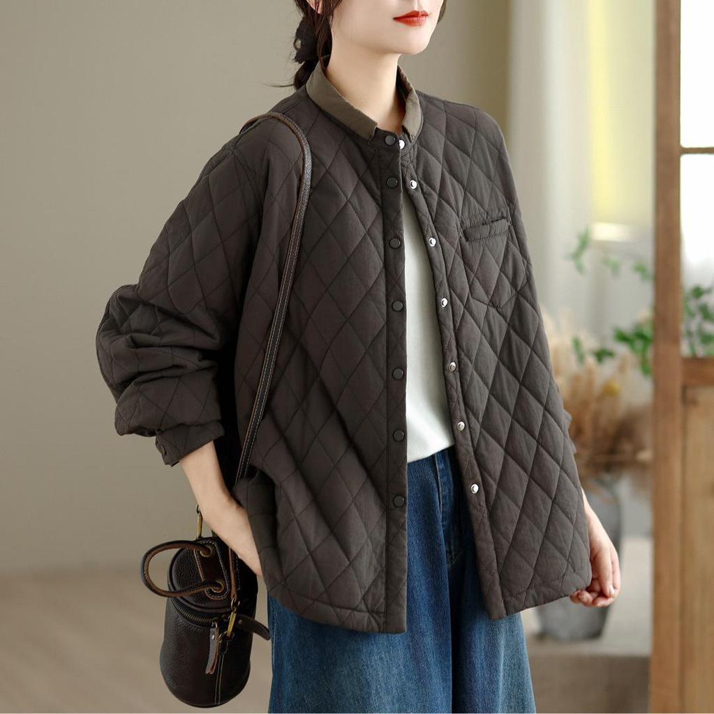 Women's Retro Diamond Lattice Winter Jacket - Color Block Warm Cotton Outerwear
