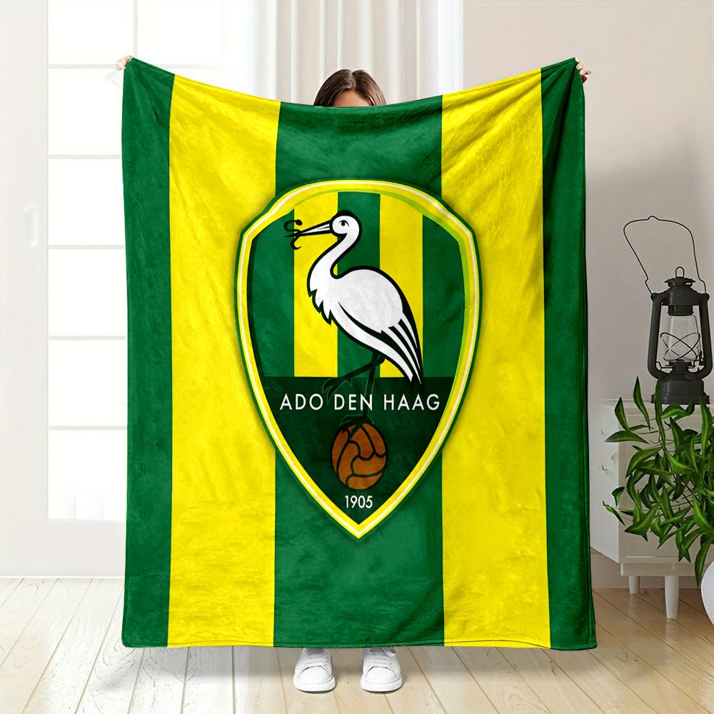 ADO Den Haag Logo On Green-Yellow Stripes Patterned Flannel Blanket Perfect for the Bedroom Living Room, Sofa, or a Little Nap