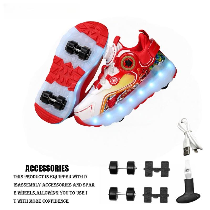 Children Four Wheels Luminous Glowing Sneakers Black Pink Led Light Roller Skate Shoes Kids Led Shoes Boys Girls USB Charging