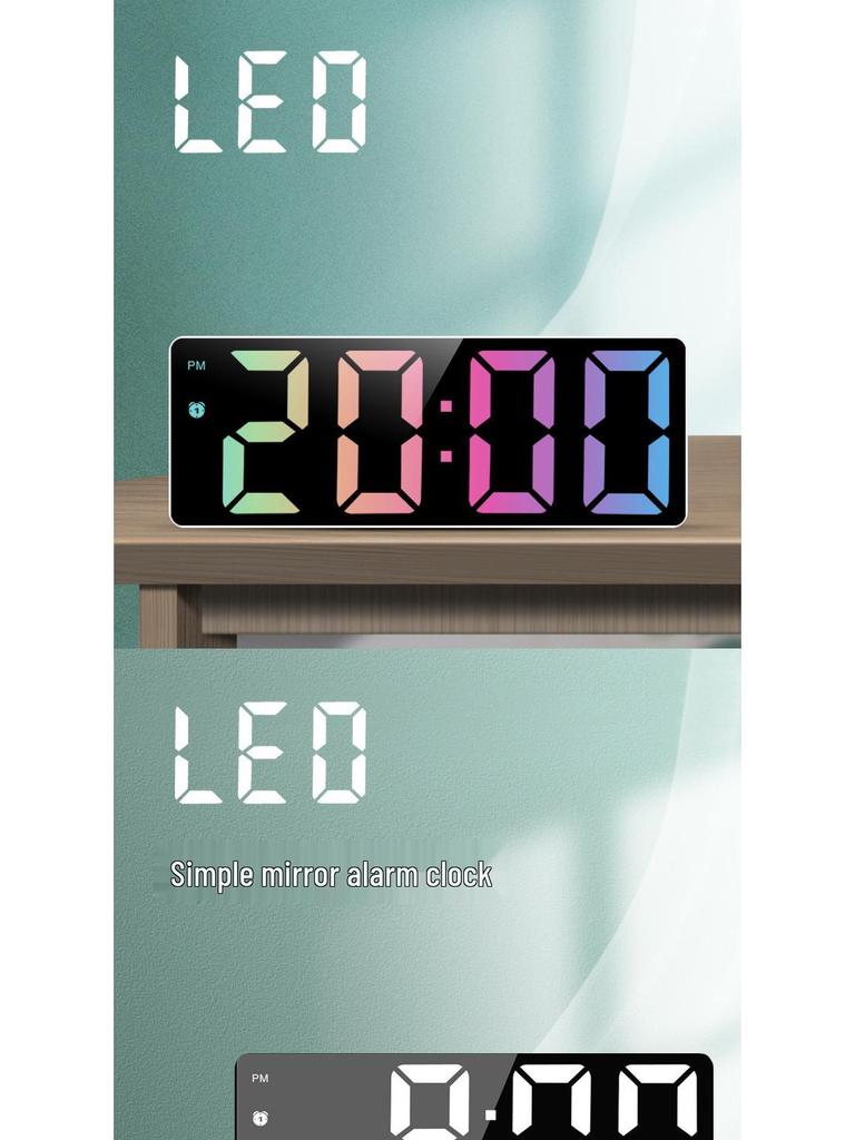 Compact LED Mirror Surface Alarm Clock Silent Night Light Display Desk Clock