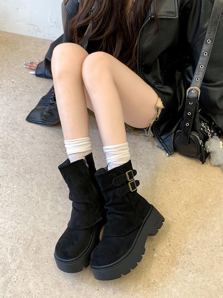 Korean version of fashion buckle retro belt new autumn thick heel round head thick sole Martin boots women's locomotive boots short tube