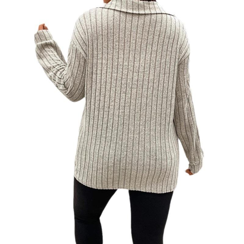 Plus Size Long-Sleeved V Lapel Pullover with Pit Stripes for Autumn and Winter