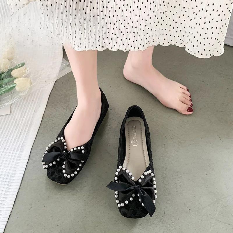 Fashion Ladies Footwear Low Heel Elegant with Bow Pearl Women's Flat Shoes Lastest Genuine Mark Chic Point High Quality Fashion Non Slip