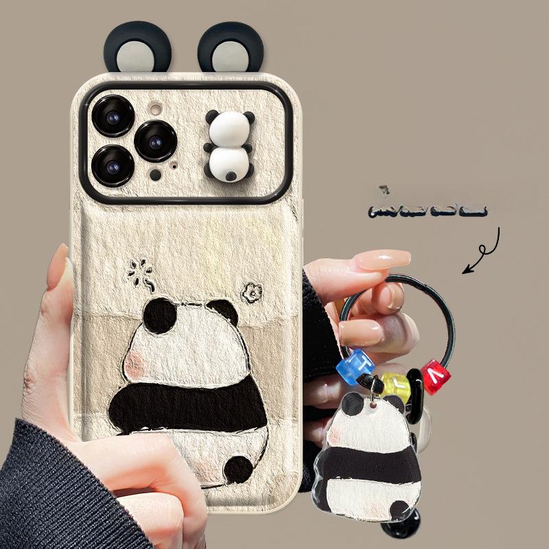 Applicable To Apple 15 Promax Mobile Phone Case IPhone 14 Panda Doll Pendant 13 Large Window Flip Mirror Xr