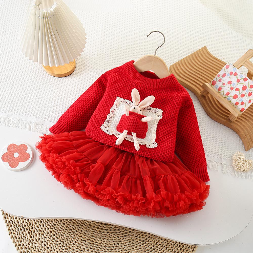 Baby Girls Sweater Set Fall Winter 2004, Pocket Rabbit Round Neck Pullover, Korean Cute Outfit