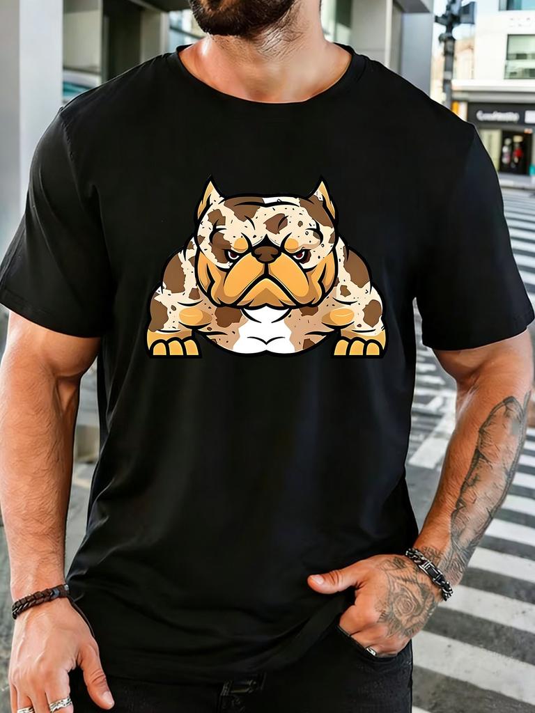 Unisex Olive Green Tee Spotted Bulldog Cartoon Animal Print Short Sleeve Loose Casual Basic Top For Adult Male Daily Wear Outfit